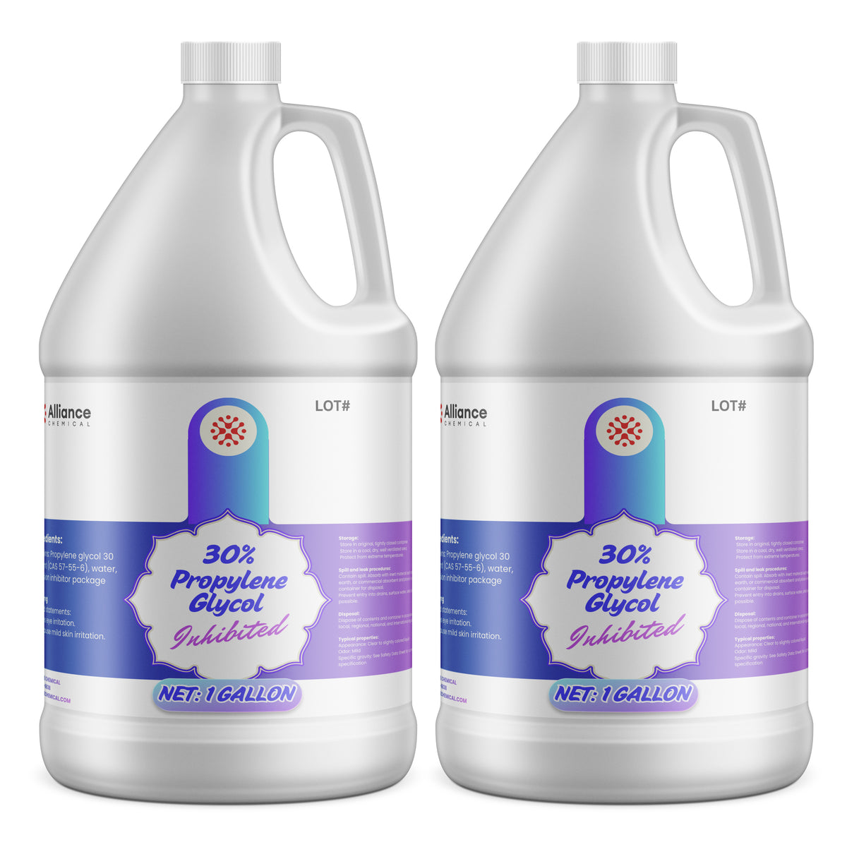 Two 1-gallon HDPE jugs of Alliance Chemical 30% Propylene Glycol Inhibited with white caps and product labels