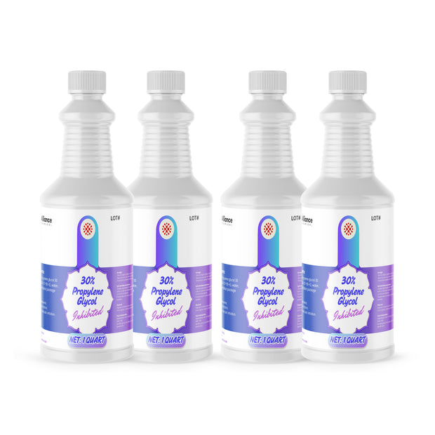 Four 1-quart plastic jugs of Alliance Chemical 30% Propylene Glycol Inhibited with white caps and product labels