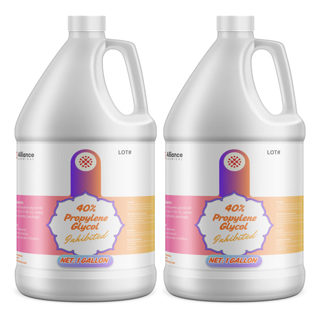 Two 1-gallon HDPE jugs of Alliance Chemical 40% Propylene Glycol Inhibited with white caps and handles.