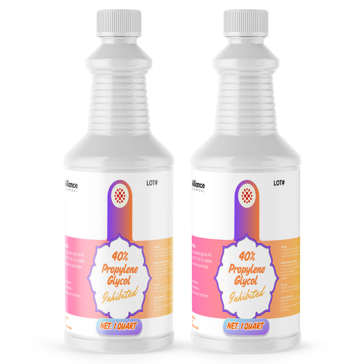 Two 1-quart plastic bottles of Alliance Chemical 40% Propylene Glycol Inhibited with white caps and product labels.