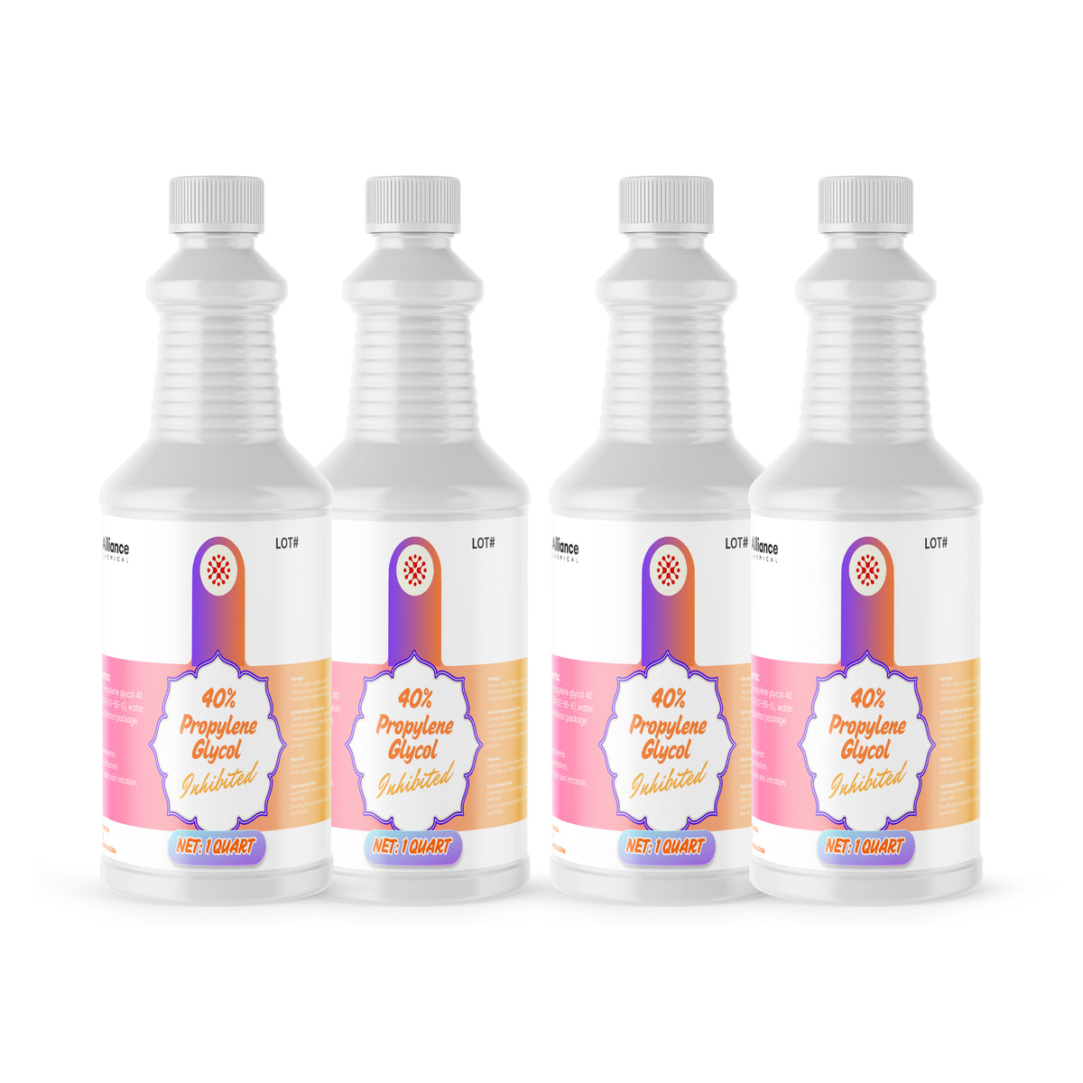 Four 1-quart plastic jugs of Alliance Chemical 40% Propylene Glycol Inhibited with white caps and product labels.