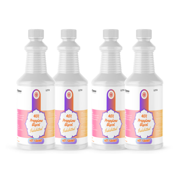 Four 1-quart plastic jugs of Alliance Chemical 40% Propylene Glycol Inhibited with white caps and product labels.