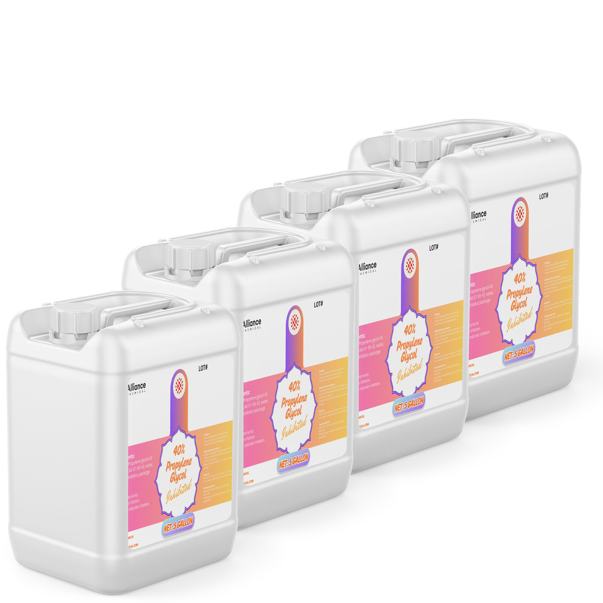 Four 5-gallon HDPE pails of Alliance Chemical 40% Propylene Glycol Inhibited with white screw caps and product labels