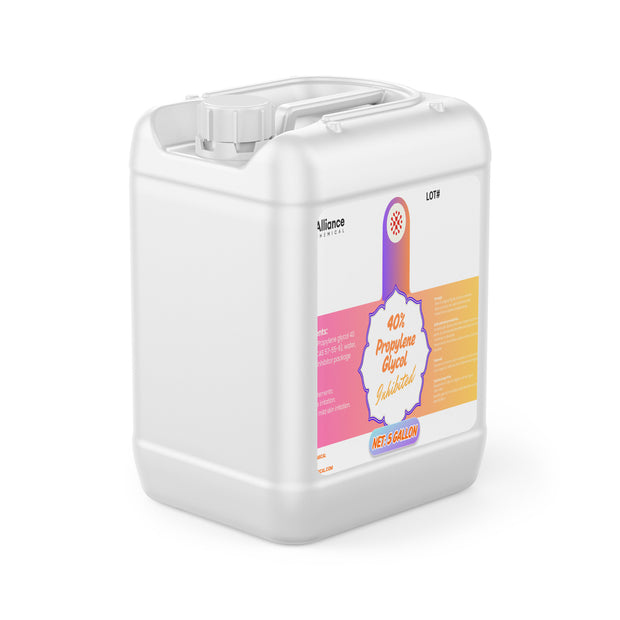 One 5-gallon HDPE jug of Alliance Chemical 40% Propylene Glycol Inhibited with a white screw cap and handle.