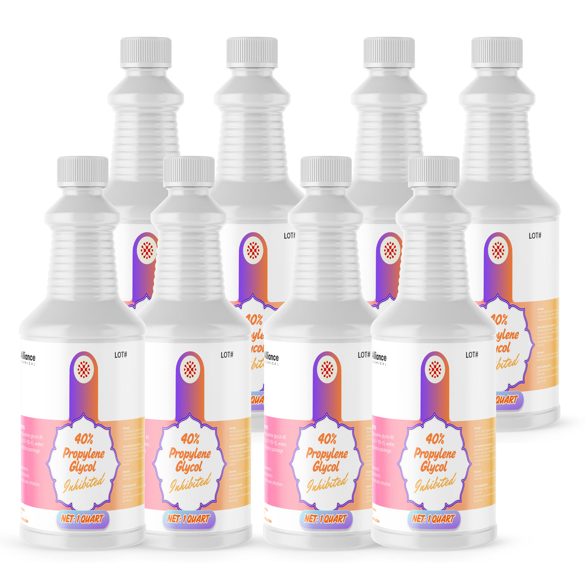 Seven 1-quart HDPE jugs of Alliance Chemical 40% Propylene Glycol Inhibited with white ribbed caps and product labels.