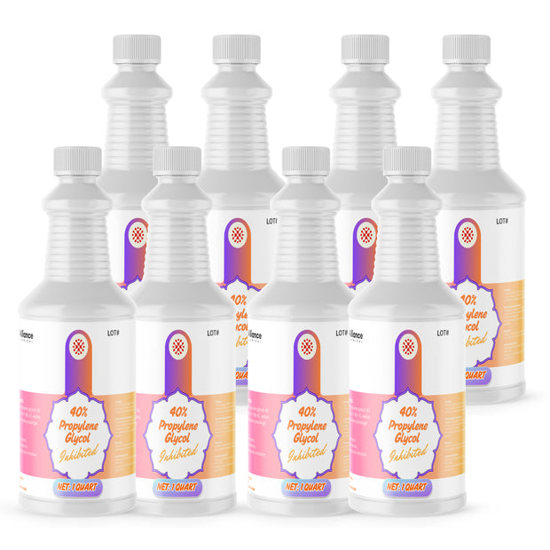 Seven 1-quart HDPE jugs of Alliance Chemical 40% Propylene Glycol Inhibited with white ribbed caps and product labels.