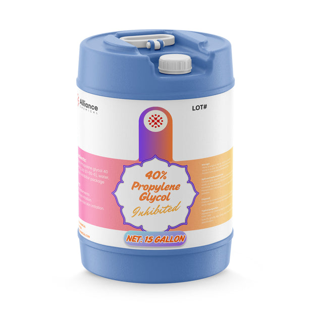 One 15-gallon plastic pail of Alliance Chemical 40% Propylene Glycol Inhibited with handle and white screw cap.