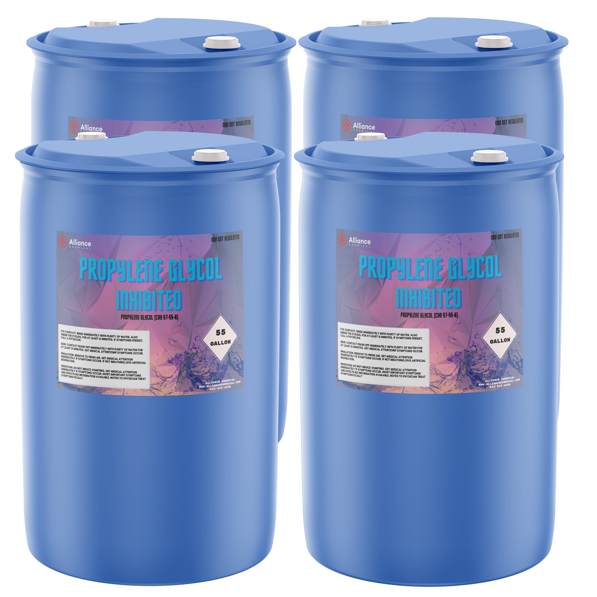 55-gallon blue HDPE drums of Alliance Chemical Propylene Glycol Inhibited (CAS 57-55-6) with white screw caps and hazard diamond symbol.