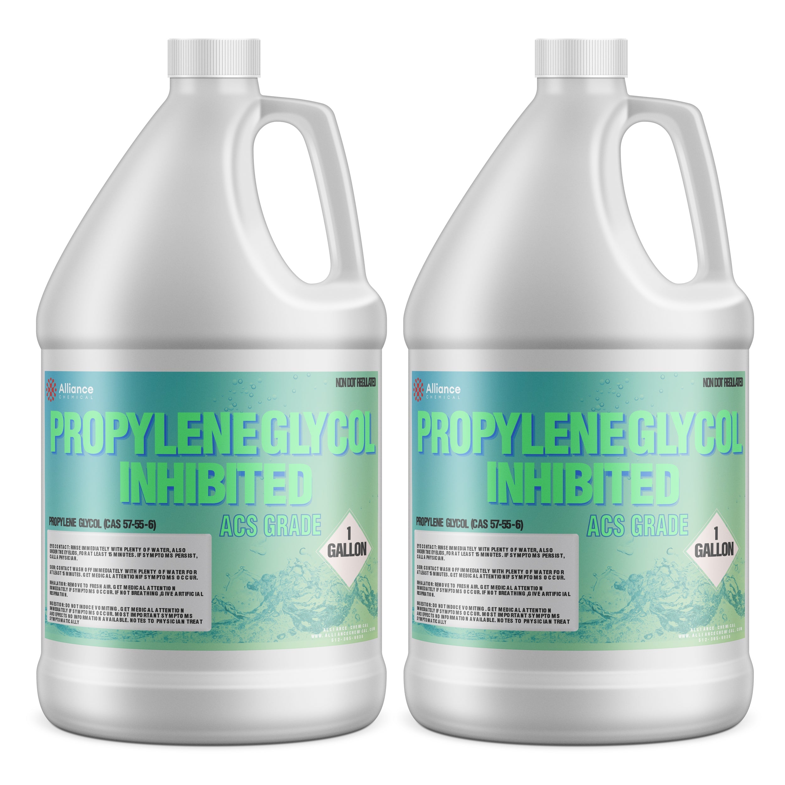 1-gallon white HDPE jugs of Propylene Glycol Inhibited ACS Grade, Alliance Chemical brand, with blue-green labels and Class 1 safety indicator.