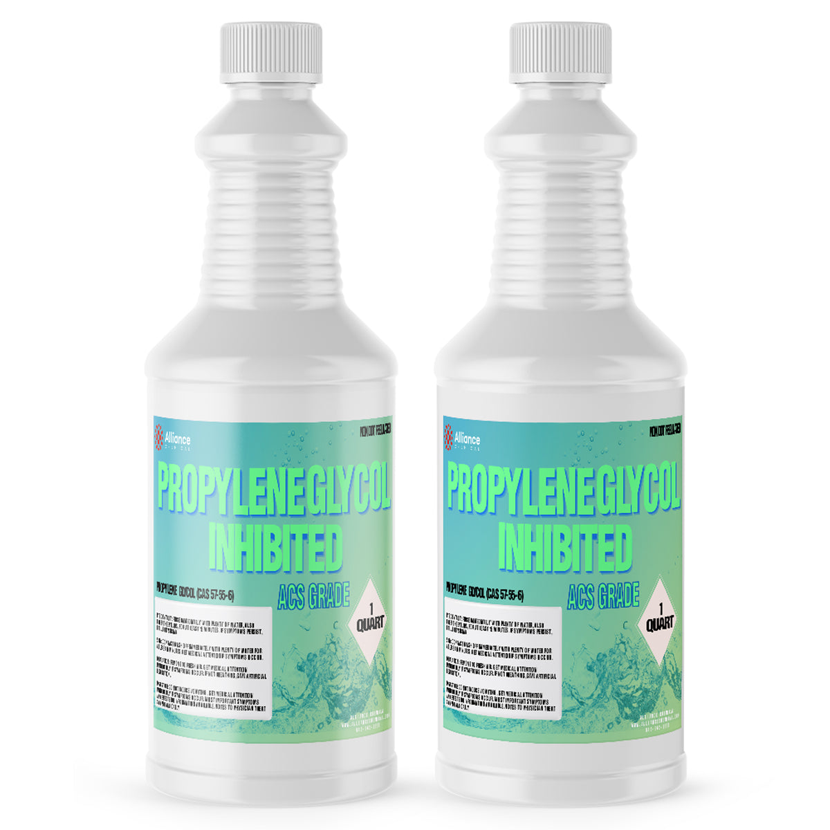 Two 1-quart Alliance Chemical Propylene Glycol Inhibited ACS Grade HDPE bottles with white caps and product labels.