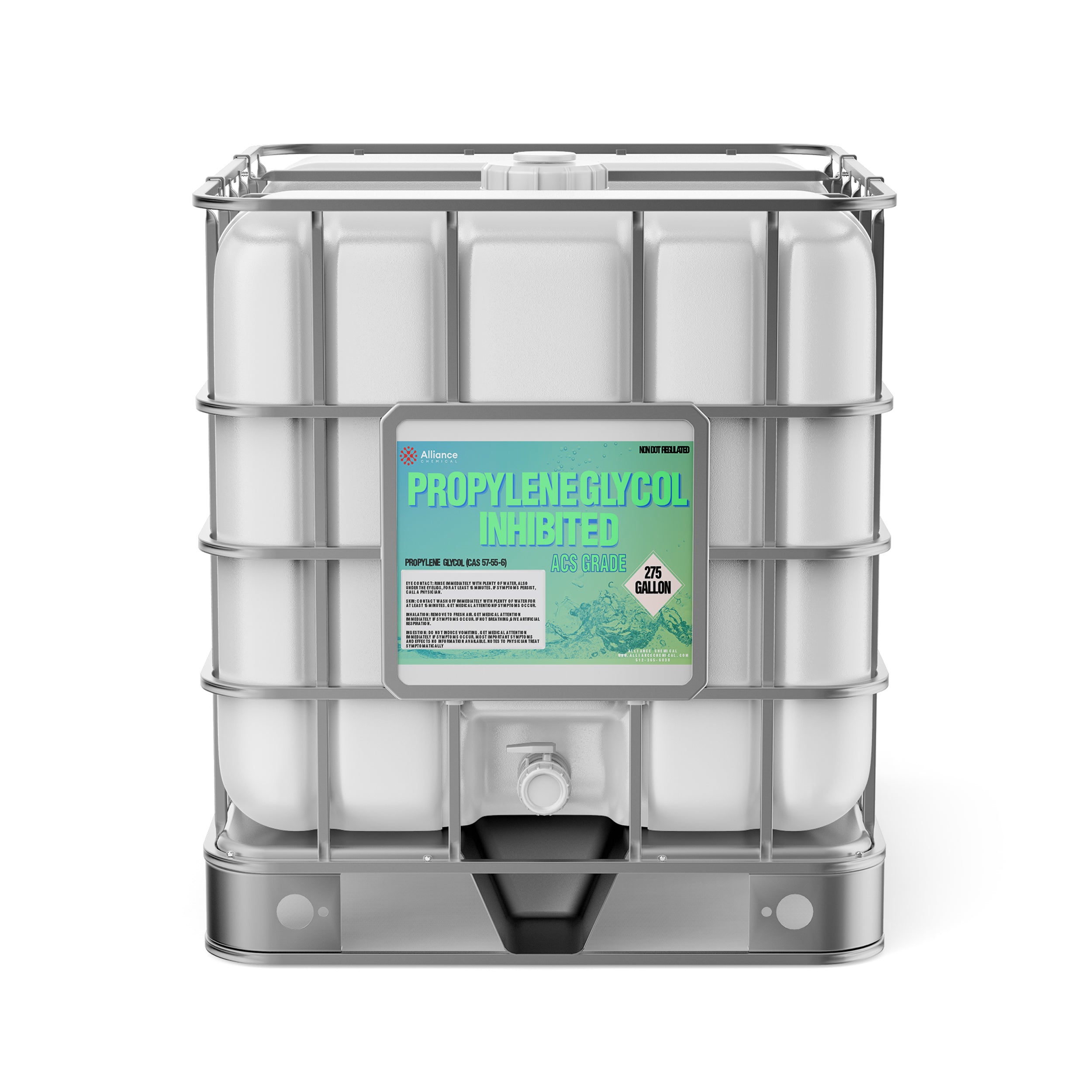 275-gallon IBC tote of Propylene Glycol Inhibited ACS Grade chemical with reinforced steel cage, discharge valve, and turquoise product label.