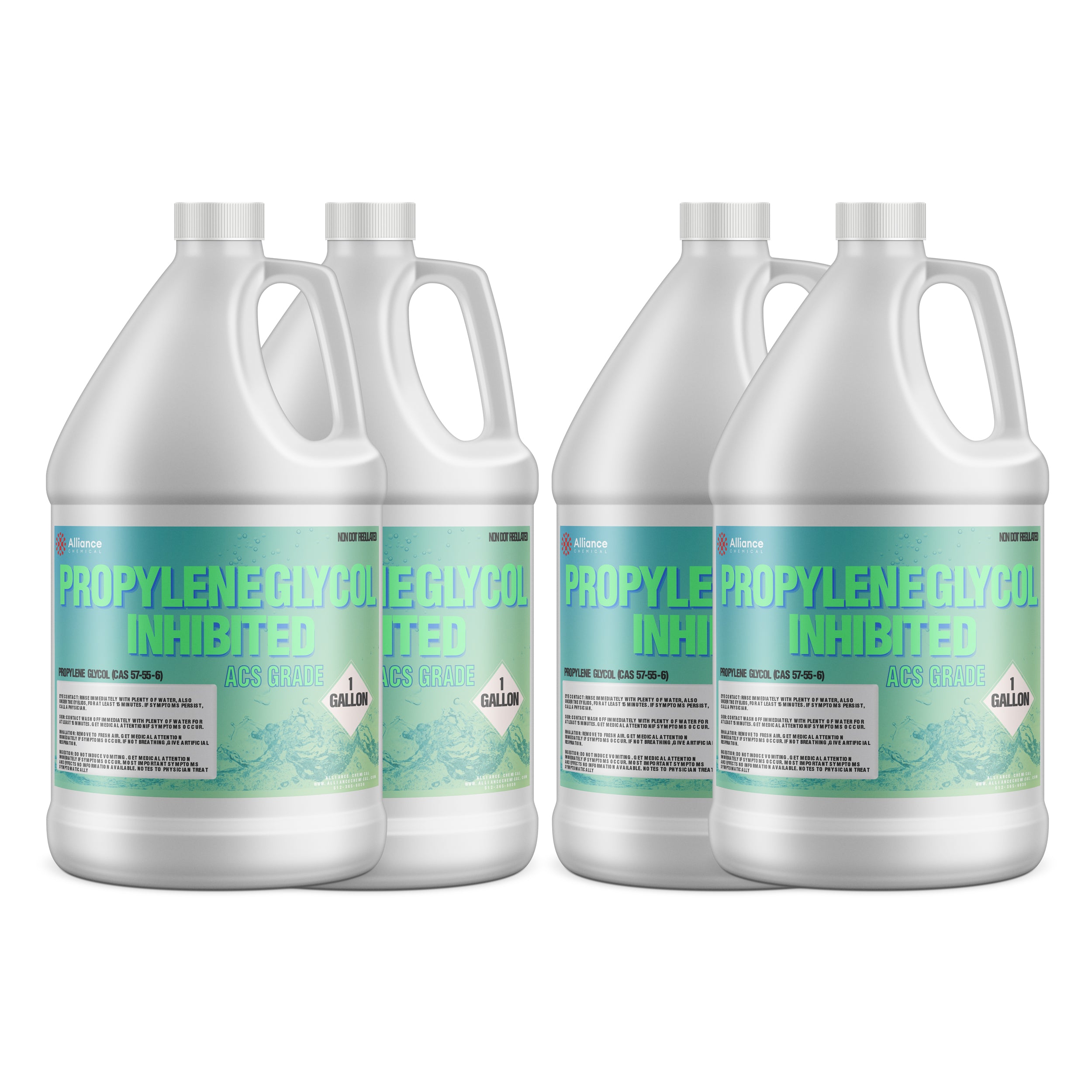 4x1-gallon Alliance Propylene Glycol Inhibited ACS Grade in white HDPE containers with turquoise labels, chemical-grade markings and screw caps.