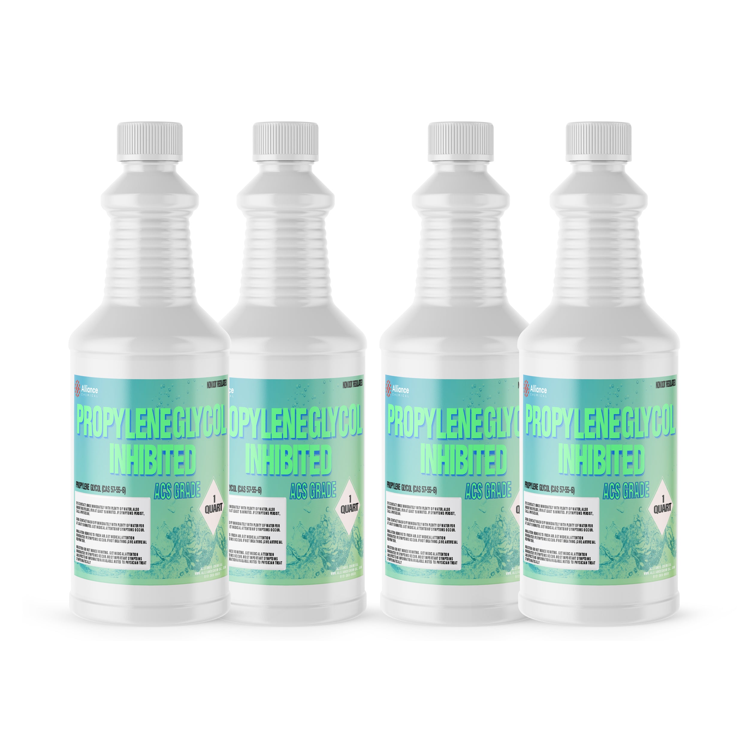 Four 1-quart HDPE bottles of Propylene Glycol Inhibited ACS Grade with turquoise labels, white ribbed containers, and child-resistant caps.