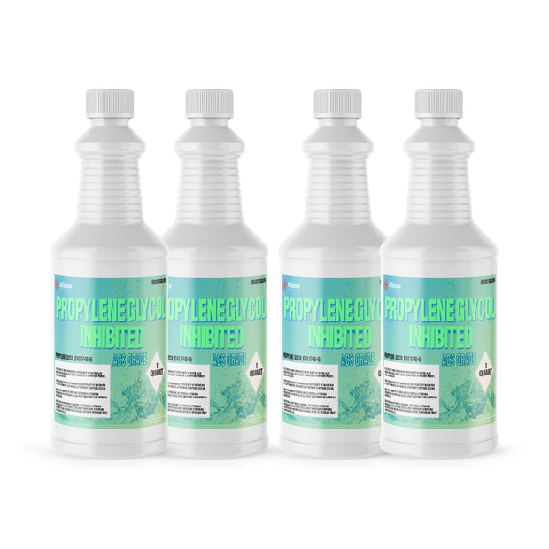 Four 1-quart plastic bottles of Alliance Chemical Propylene Glycol Inhibited ACS Grade with white caps and product labels.
