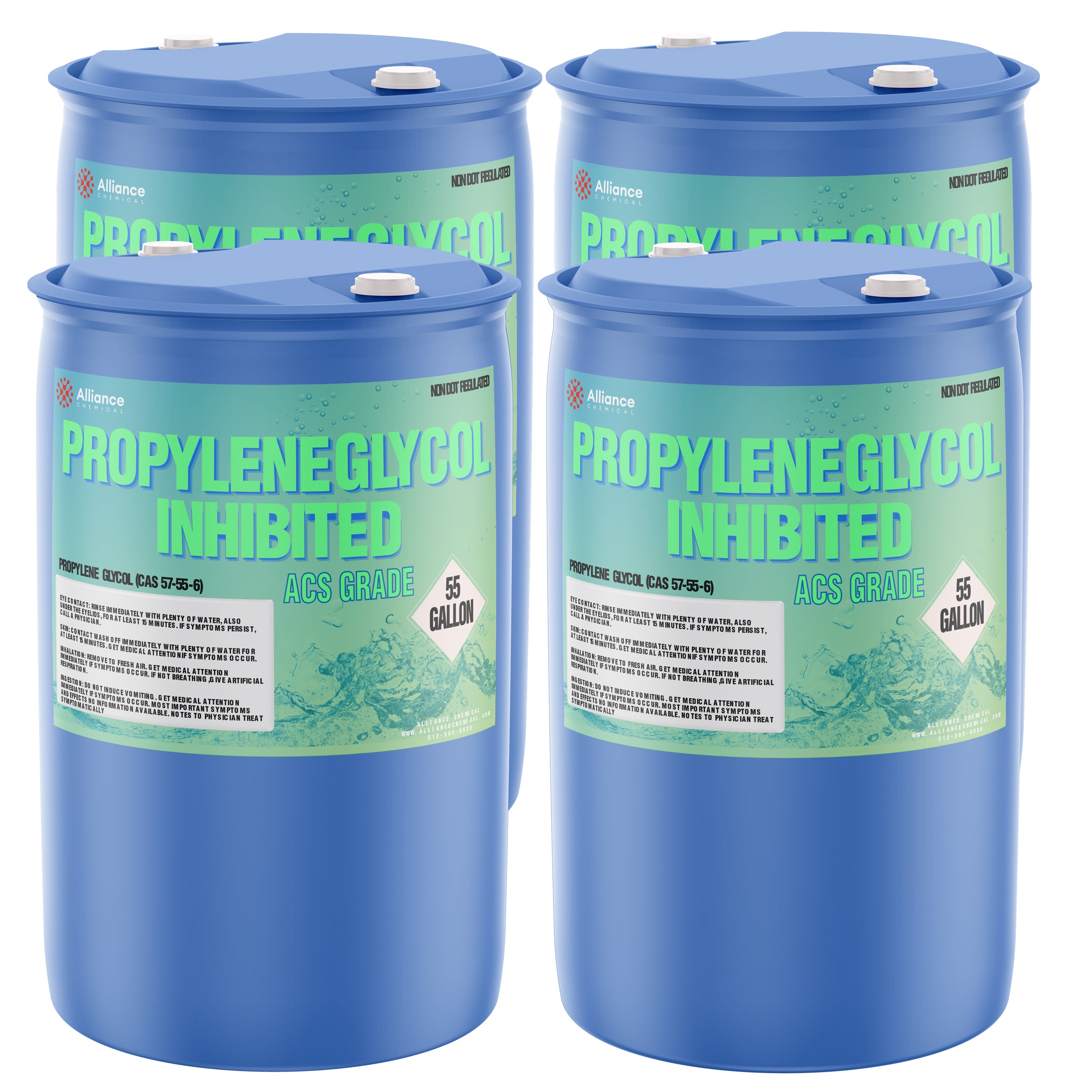 4x55-gallon blue HDPE drums of Alliance Chemical Propylene Glycol Inhibited ACS Grade (CAS 57-55-6) with white safety caps and product labels.