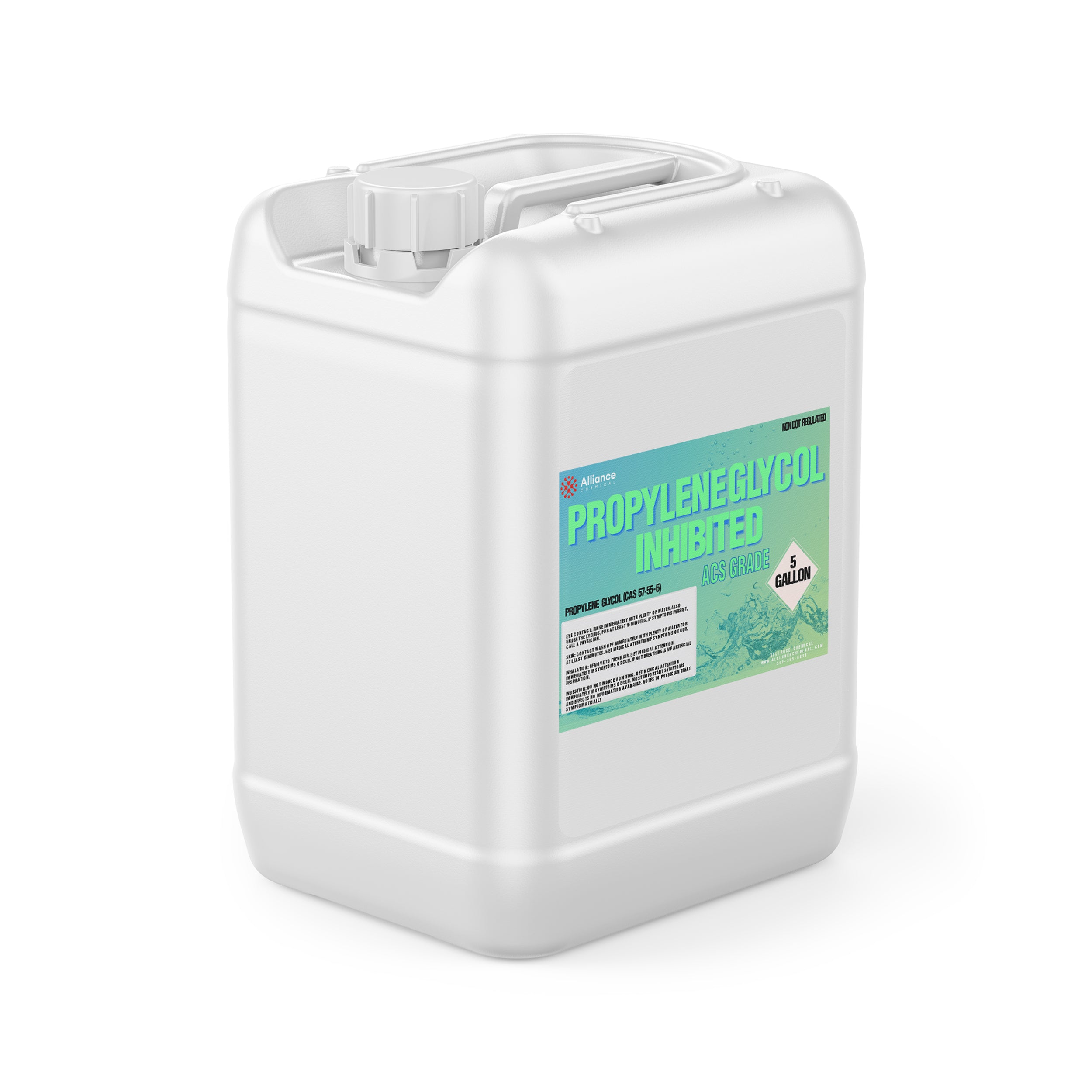 5-gallon white HDPE container of ACS-grade Propylene Glycol Inhibited with turquoise-green label and chemical hazard diamond symbol.