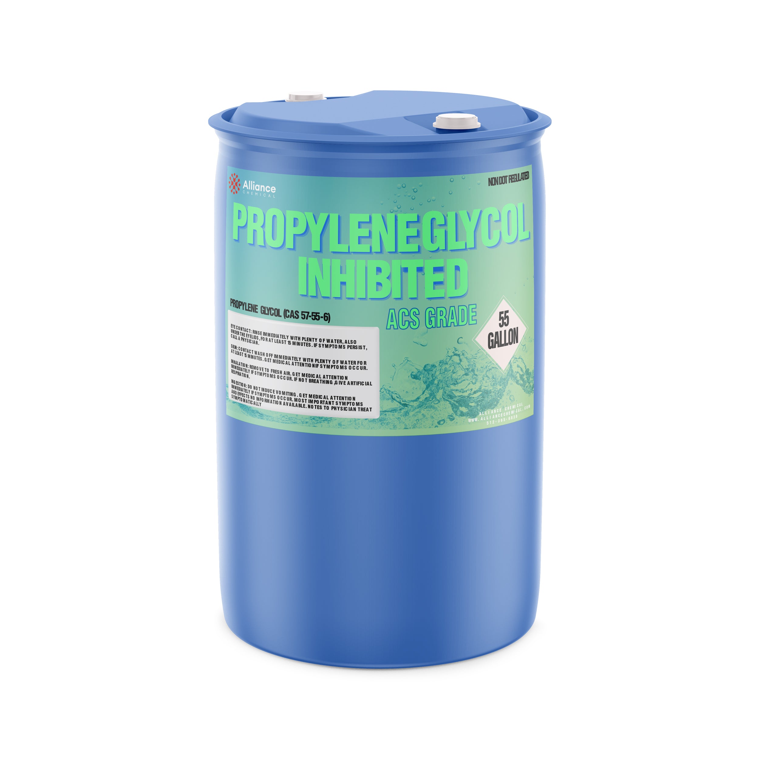 55-gallon blue plastic drum of ACS-grade Propylene Glycol Inhibited by Alliance Chemical, featuring green label with safety warnings and CAS 57-55-6.