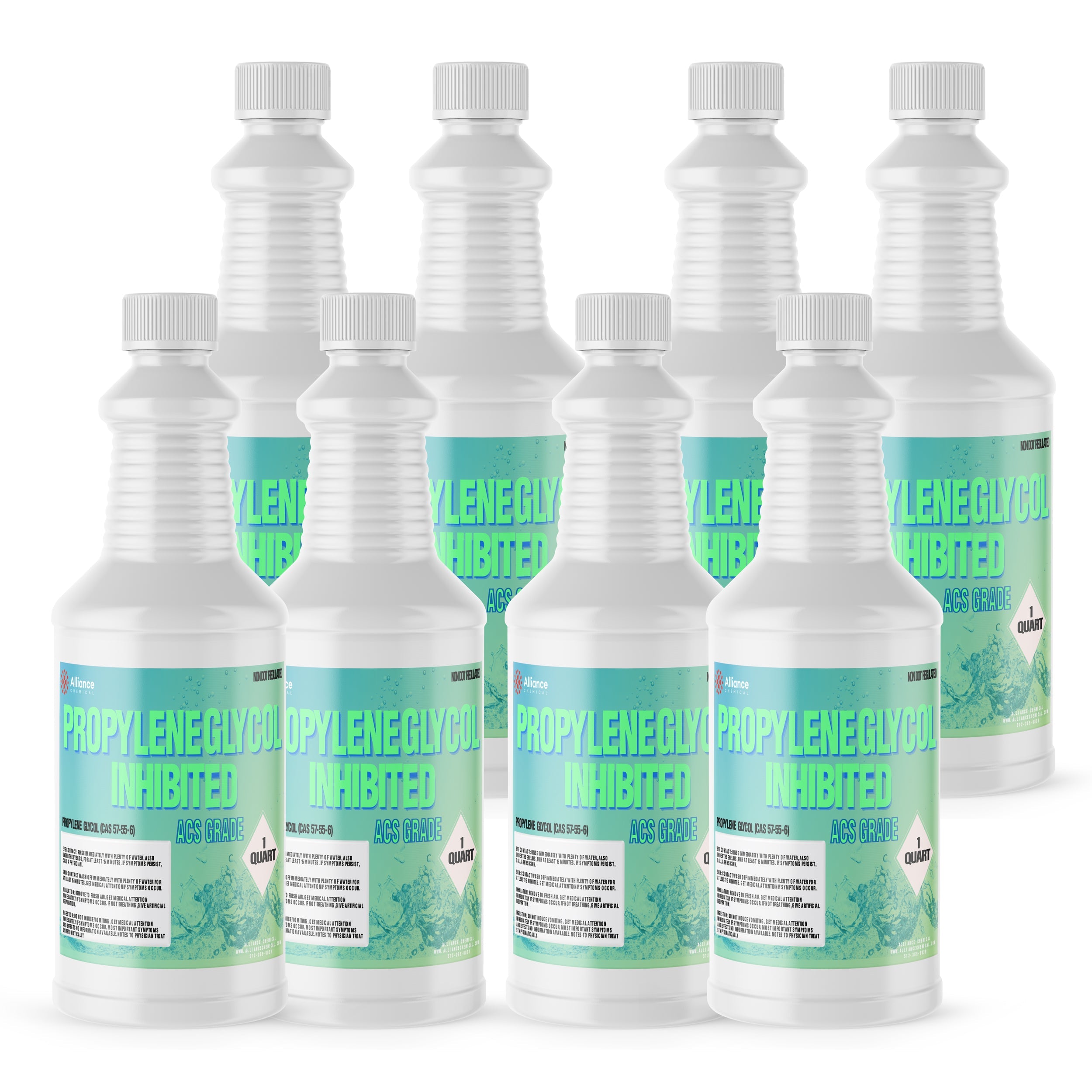 1-quart bottles of Propylene Glycol Inhibited ACS Grade chemical in white HDPE containers with turquoise labels, safety-sealed caps.