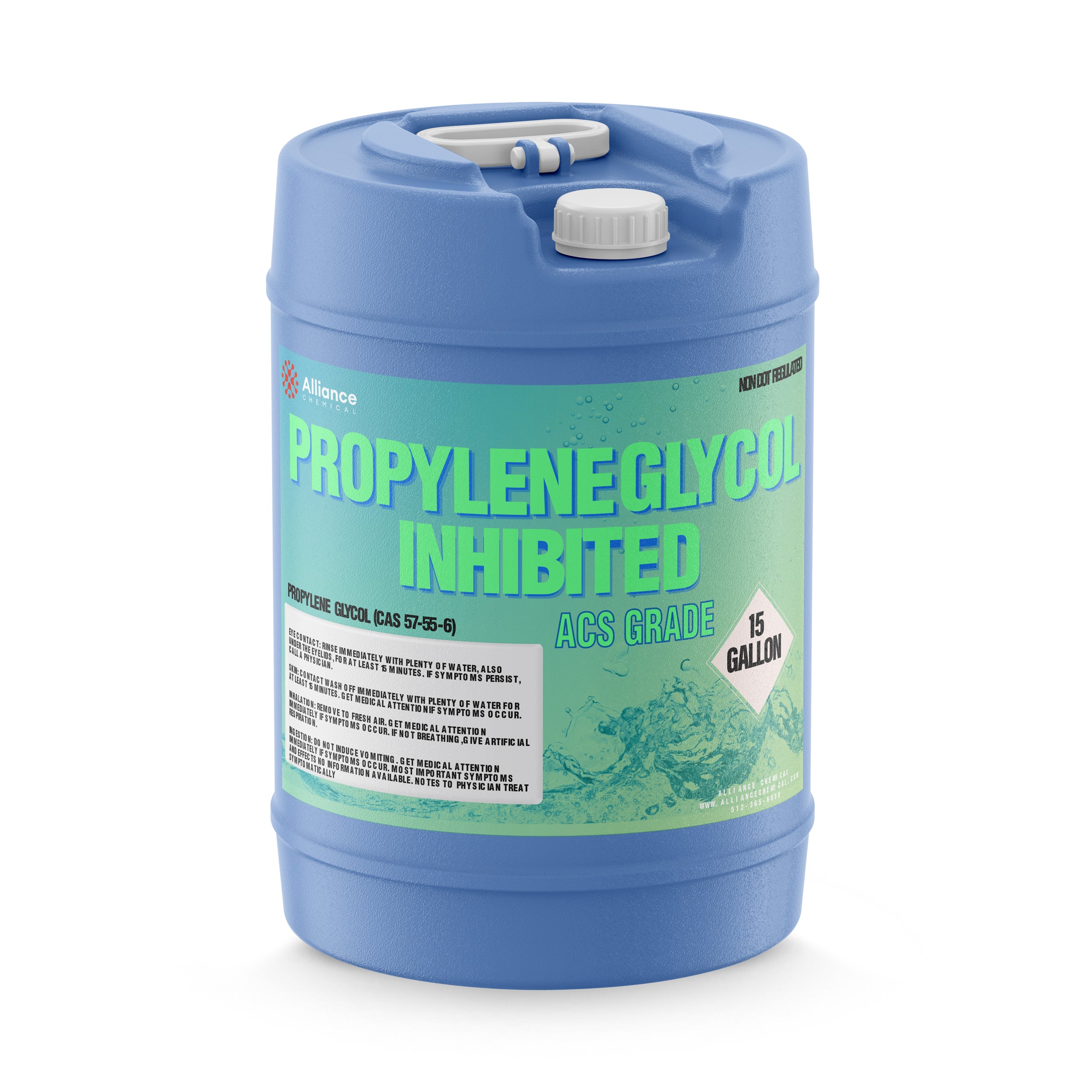 15-gallon blue carboy of Propylene Glycol Inhibited ACS Grade chemical with CAS 57-55-6, featuring safety warnings and double-handle secure lid.