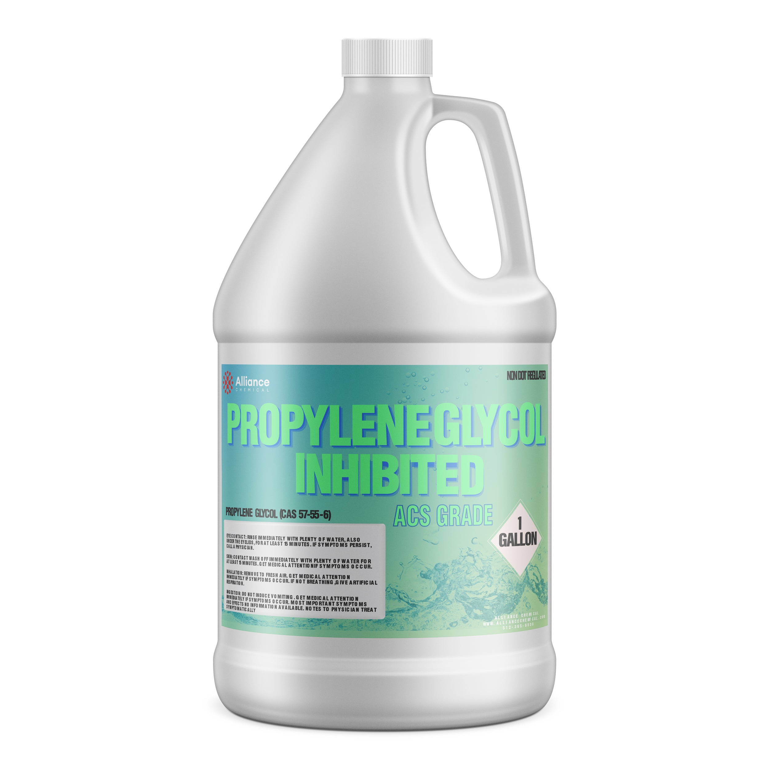 One-gallon white HDPE jug of Propylene Glycol Inhibited ACS Grade chemical with turquoise label and NFPA safety diamond, Alliance Chemical brand.