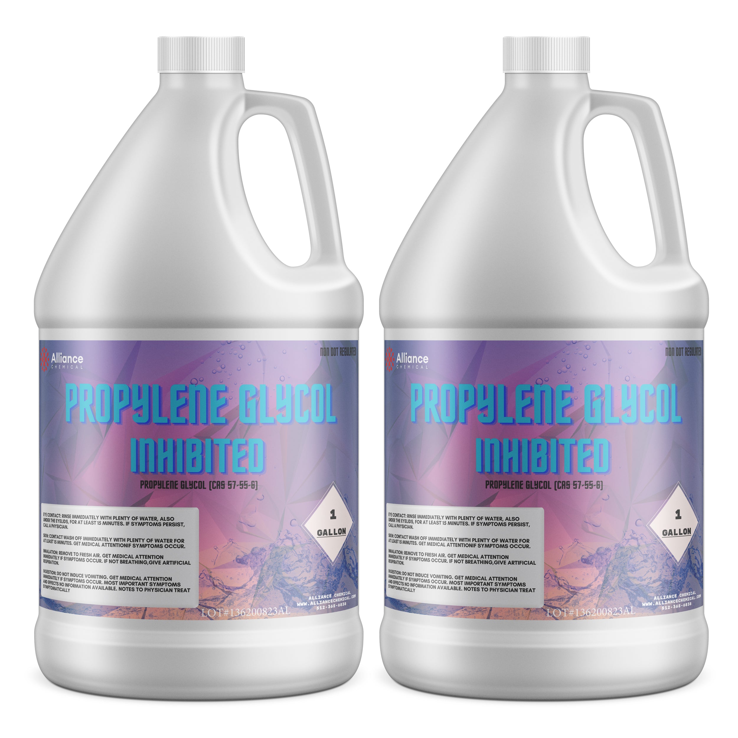 One-gallon propylene glycol inhibited in white HDPE container by Alliance Chemical, featuring CAS 57-55-6, safety warnings and purple-blue gradient label design.