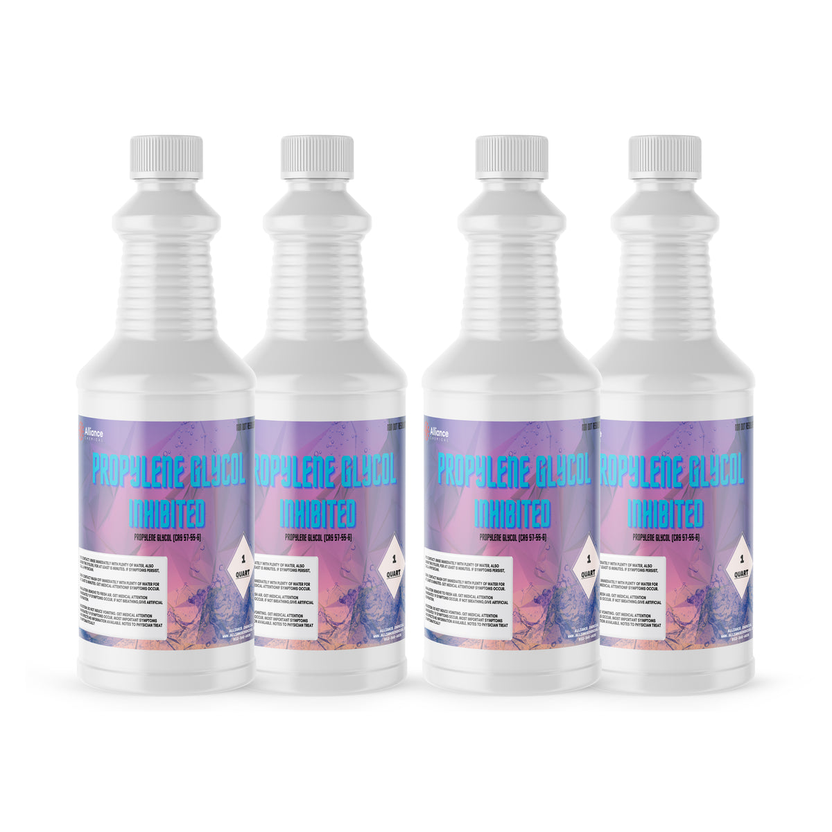 Four 1-quart plastic bottles of Alliance Chemical 100% Propylene Glycol Inhibited with white screw caps and product labels