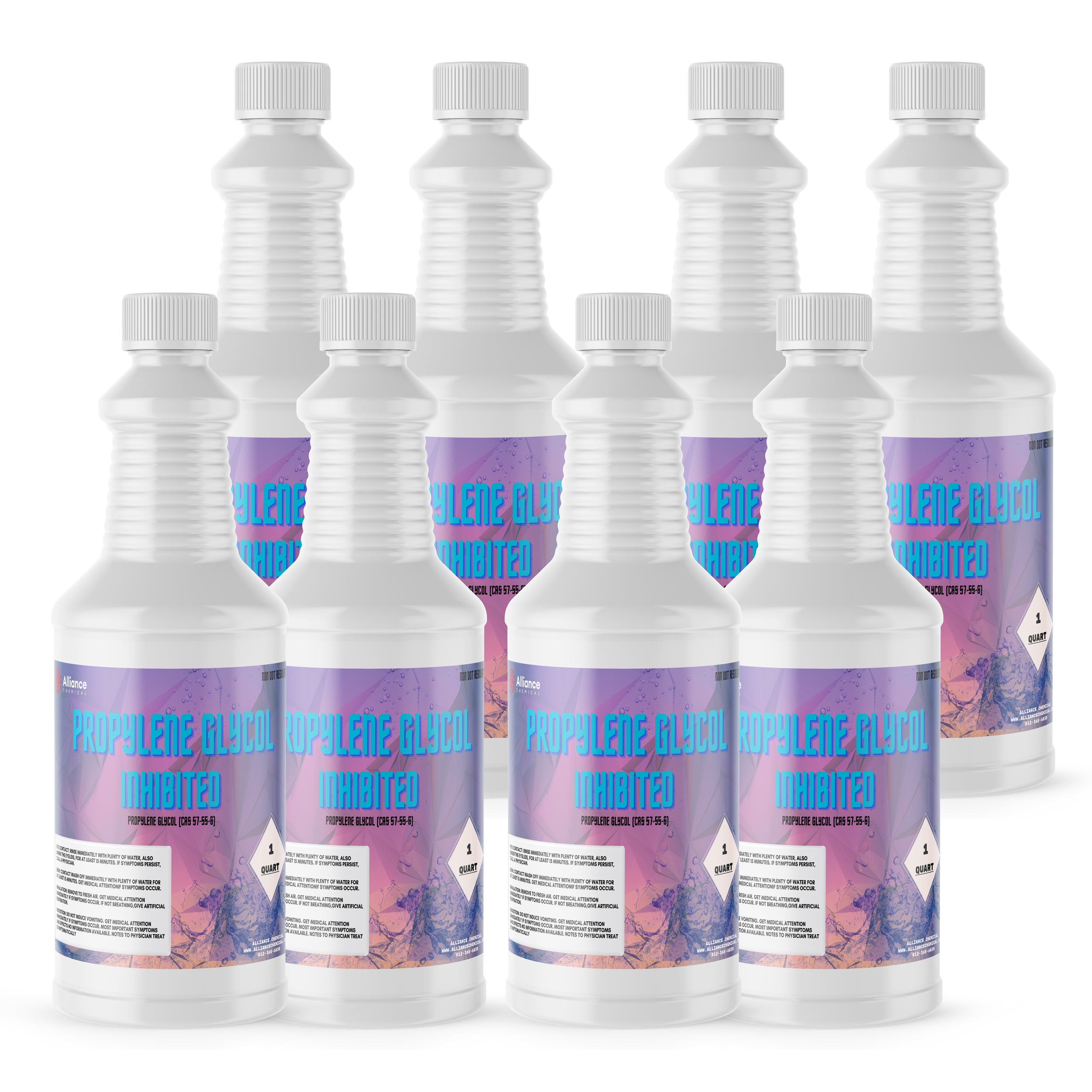 8x1 quart Propylene Glycol Inhibited in white HDPE bottles with purple-blue labels, corrosion-resistant grade, 1-quart volume indicator.