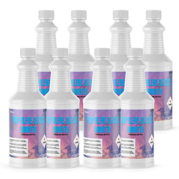 Eight Alliance Chemical 1-quart plastic bottles of 100% Propylene Glycol Inhibited with white screw caps and product labels