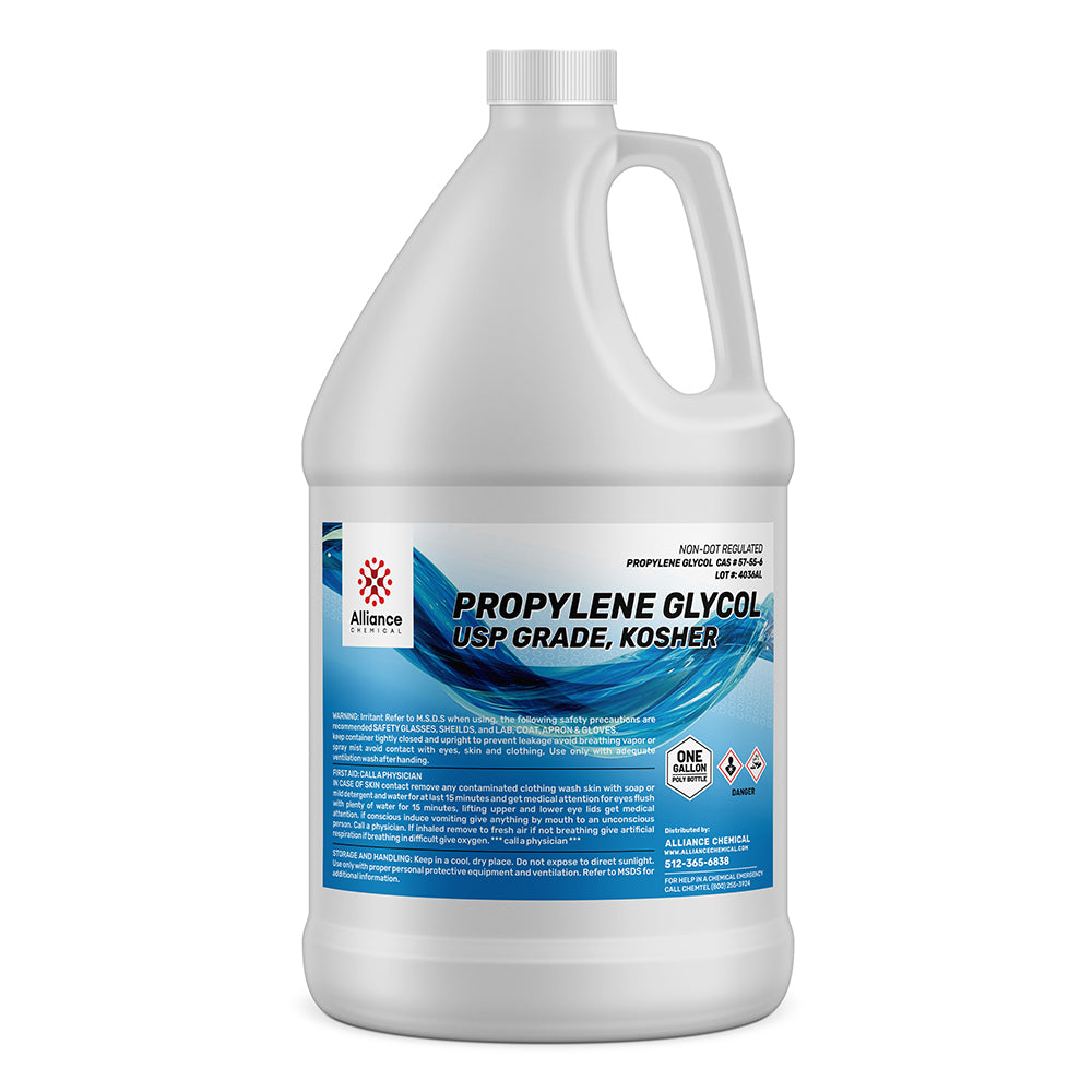One-gallon HDPE container of USP-grade Kosher Propylene Glycol by Alliance Chemical, featuring blue safety labeling and hazard warning symbols.