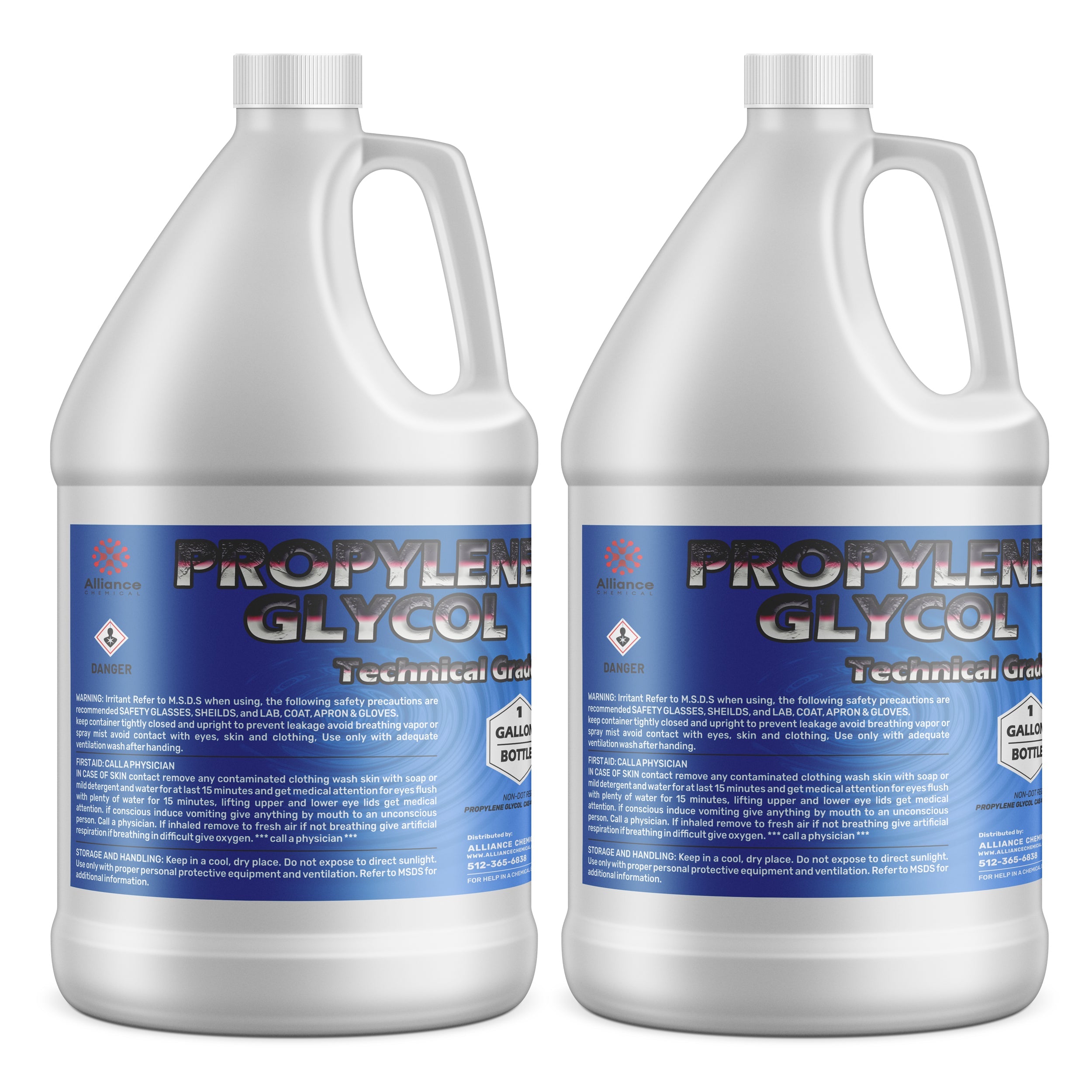 2-gallon HDPE jugs of Technical Grade Propylene Glycol by Alliance Chemical, featuring blue safety labels and hazard warnings on white containers.