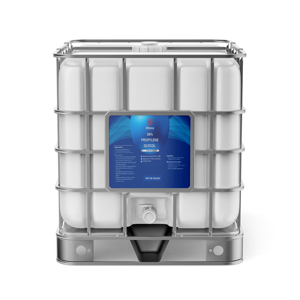 One 330-gallon tote of Alliance Chemical 30% Propylene Glycol Technical Grade with steel cage and label.