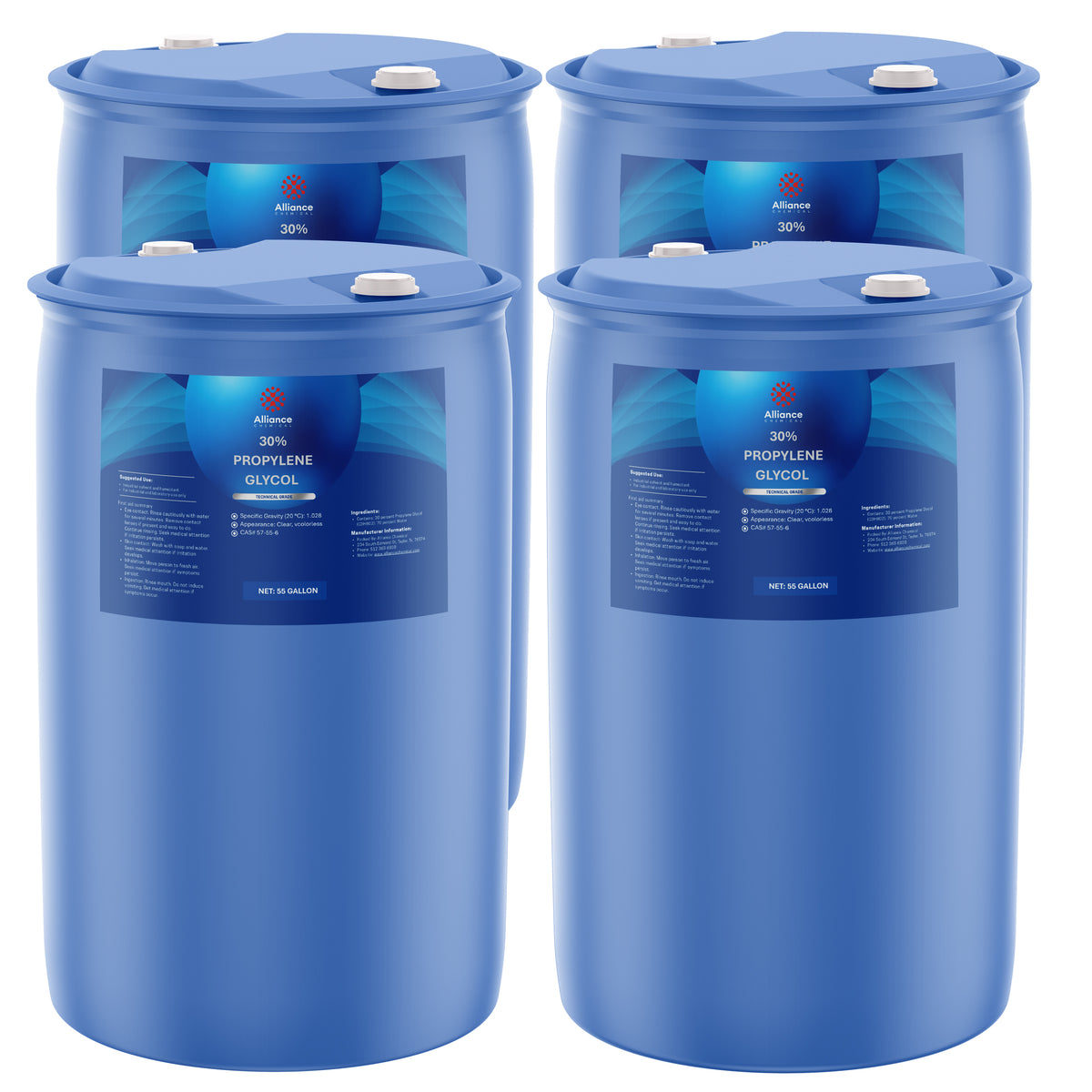 Four 55-gallon blue plastic drums of Alliance Chemical 30% Propylene Glycol Technical Grade with labels and white caps