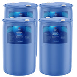 Four 55-gallon blue plastic drums of Alliance Chemical 30% Propylene Glycol Technical Grade with labels and white caps