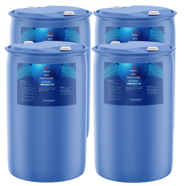 Four 55-gallon blue plastic drums of Alliance Chemical 30% Propylene Glycol Technical Grade with labels and white caps