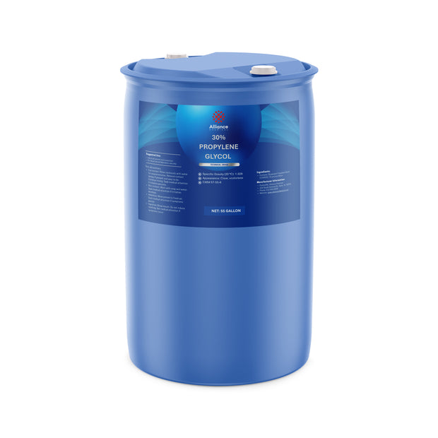 One 55-gallon blue HDPE drum of Alliance Chemical 30% Propylene Glycol Technical Grade with white caps.