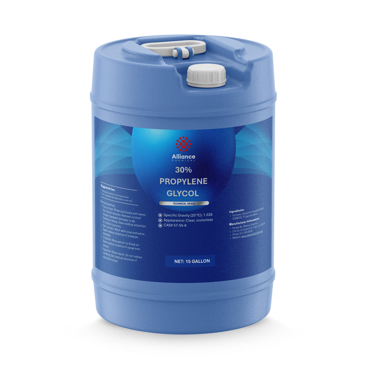 One 15-gallon blue HDPE pail of Alliance Chemical 30% Propylene Glycol Technical Grade with white cap and handle.