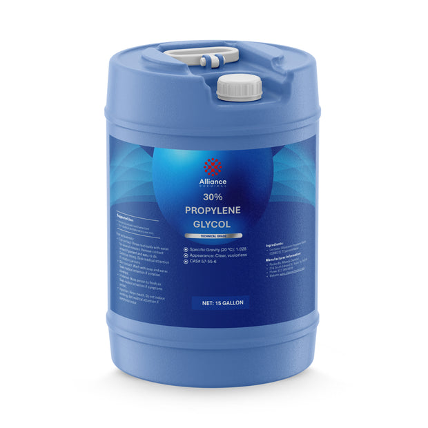 One 15-gallon blue HDPE pail of Alliance Chemical 30% Propylene Glycol Technical Grade with white cap and handle.