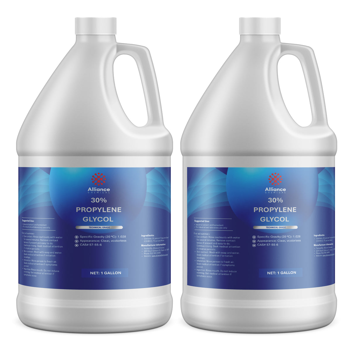 Two 1-gallon HDPE jugs of Alliance Chemical 30% Propylene Glycol Technical Grade with handles and labels