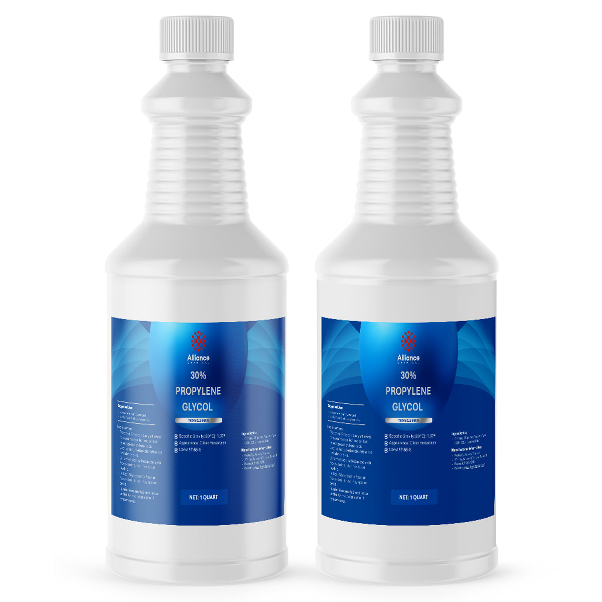 Two 1-quart HDPE bottles of Alliance Chemical 30% Propylene Glycol Technical Grade with white ribbed caps.