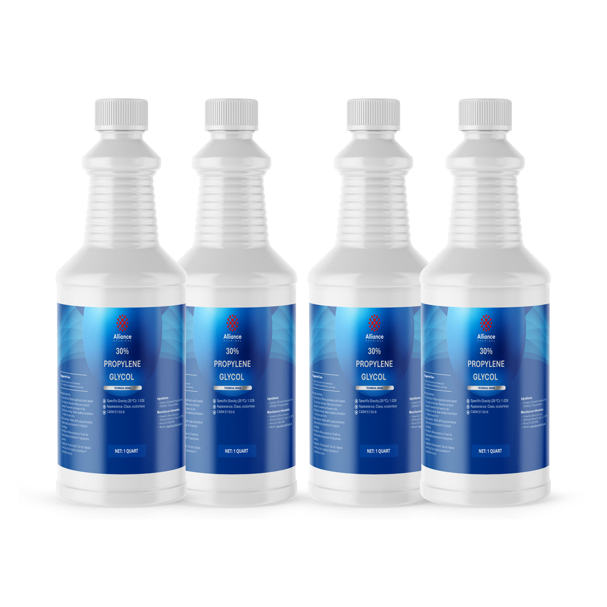 Four 1-quart HDPE jugs of Alliance Chemical 30% Propylene Glycol Technical Grade with white ribbed caps.