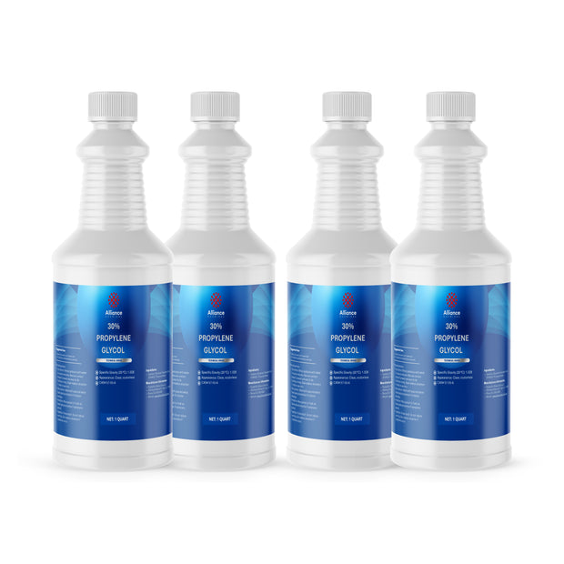 Four 1-quart HDPE jugs of Alliance Chemical 30% Propylene Glycol Technical Grade with white ribbed caps.