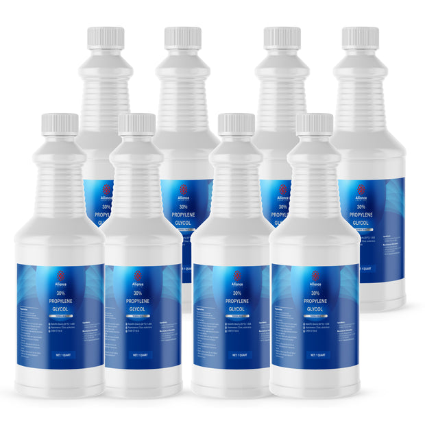 Seven 1-quart HDPE jugs of Alliance Chemical 30% Propylene Glycol Technical Grade with white ribbed caps and blue labels.