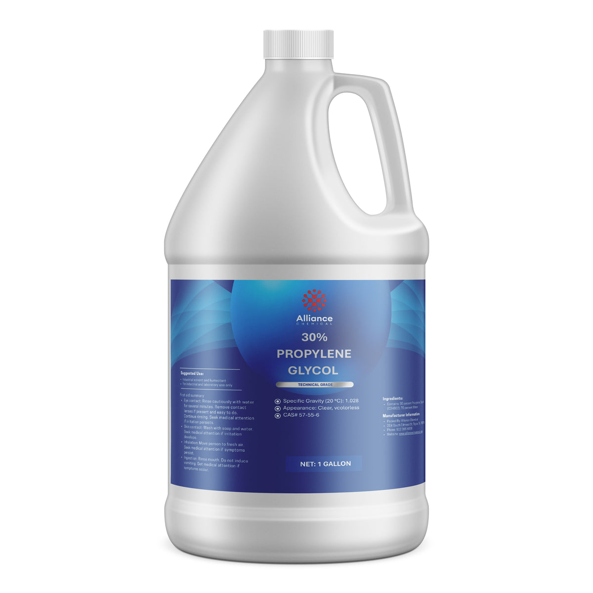 One 1-gallon HDPE jug of Alliance Chemical 30% Propylene Glycol Technical Grade with a white cap and handle.