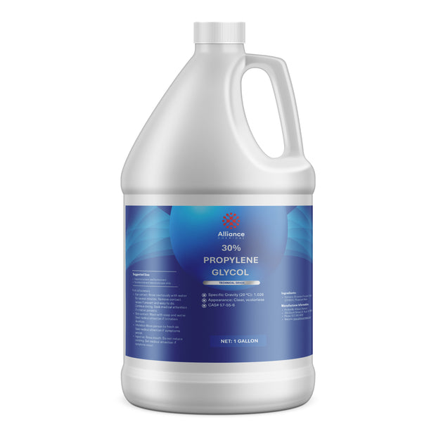 One 1-gallon HDPE jug of Alliance Chemical 30% Propylene Glycol Technical Grade with a white cap and handle.