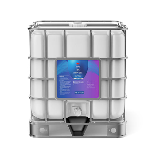 One 330-gallon tote of Alliance Chemical Propylene Glycol 40% Technical Grade with a steel cage and a white cap.