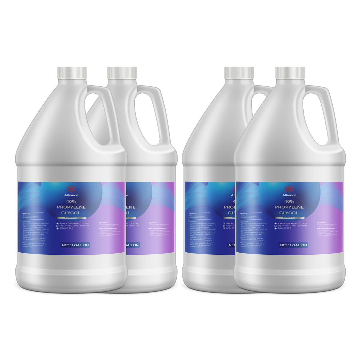 Four 1-gallon HDPE jugs of Alliance Chemical Propylene Glycol 40% – Technical Grade with white screw caps.