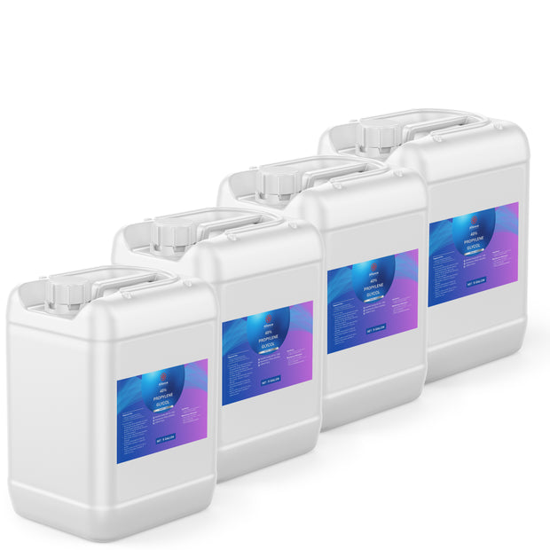 Four 5-gallon HDPE jugs of Alliance Chemical Propylene Glycol 40% – Technical Grade with handles and white screw caps