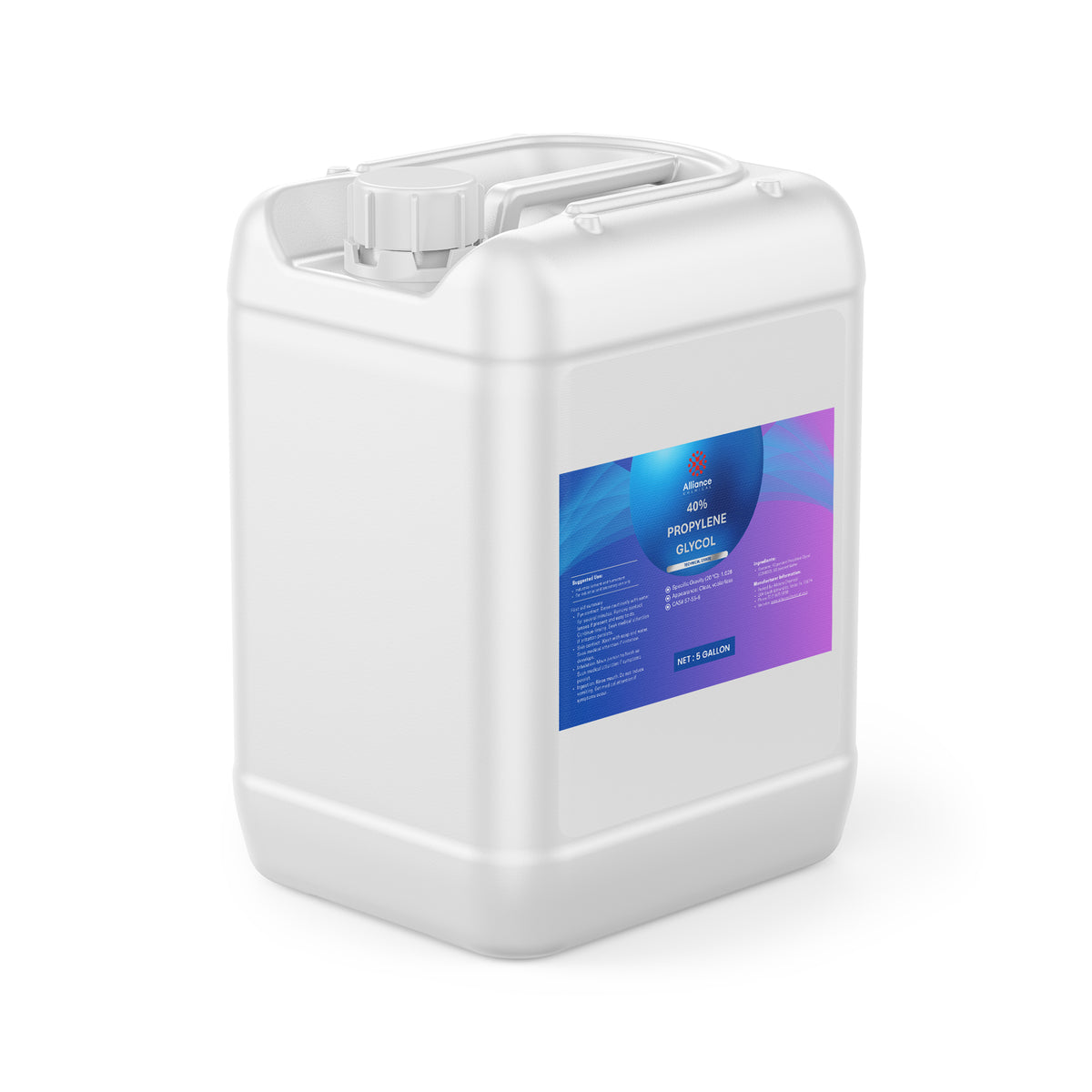 One 5-gallon HDPE jug of Alliance Chemical Propylene Glycol 40% – Technical Grade with a white screw cap and handle.