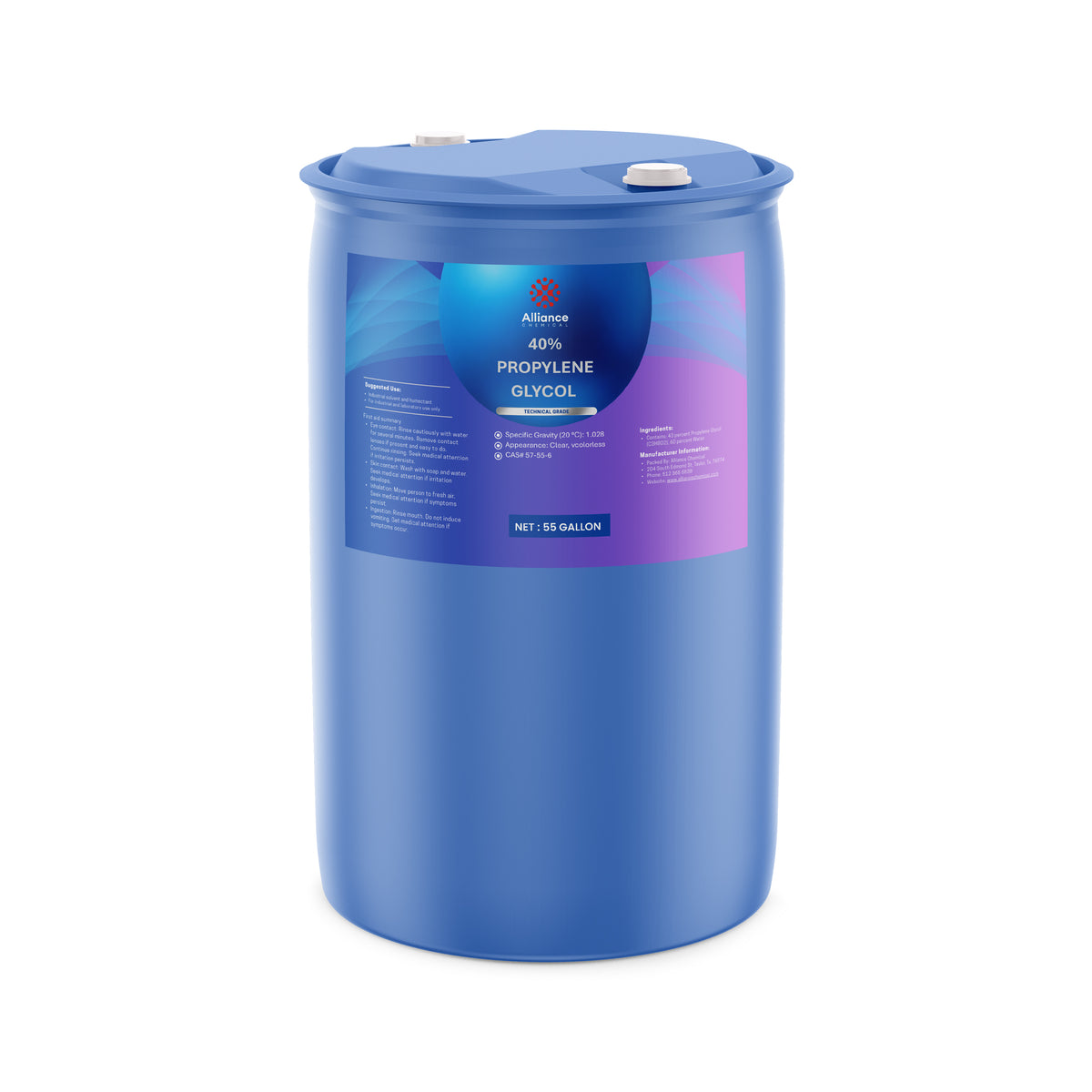 One 55-gallon blue HDPE drum of Alliance Chemical Propylene Glycol 40% – Technical Grade with white caps.