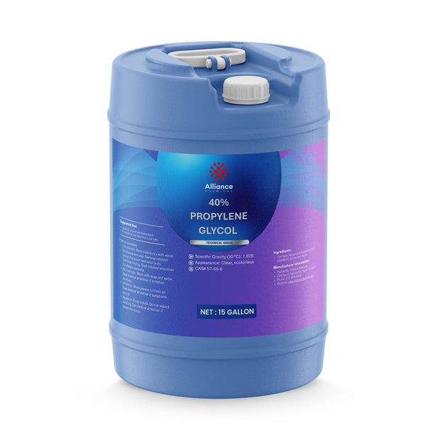 One 15-gallon HDPE jug of Alliance Chemical Propylene Glycol 40% – Technical Grade with a white cap and handle